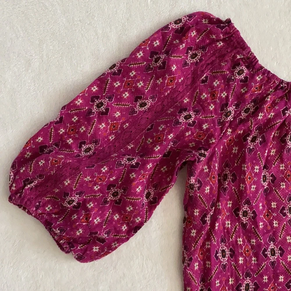 Anthropologie | Block Print Off-The-Shoulder 3/4 Length Sleeve Top Pink (XS) - Picture 12 of 15